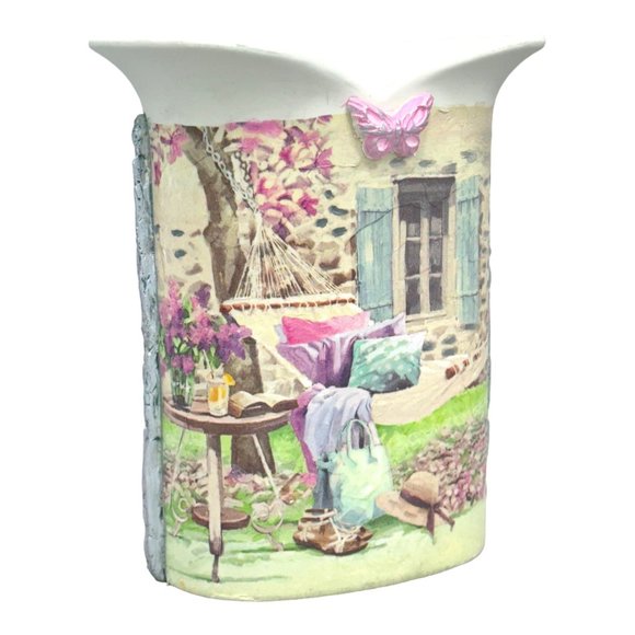 White Tulip Ceramic Italian Vase UpCycled With Decoupage and Hand Moulded Clay - Picture 4 of 13